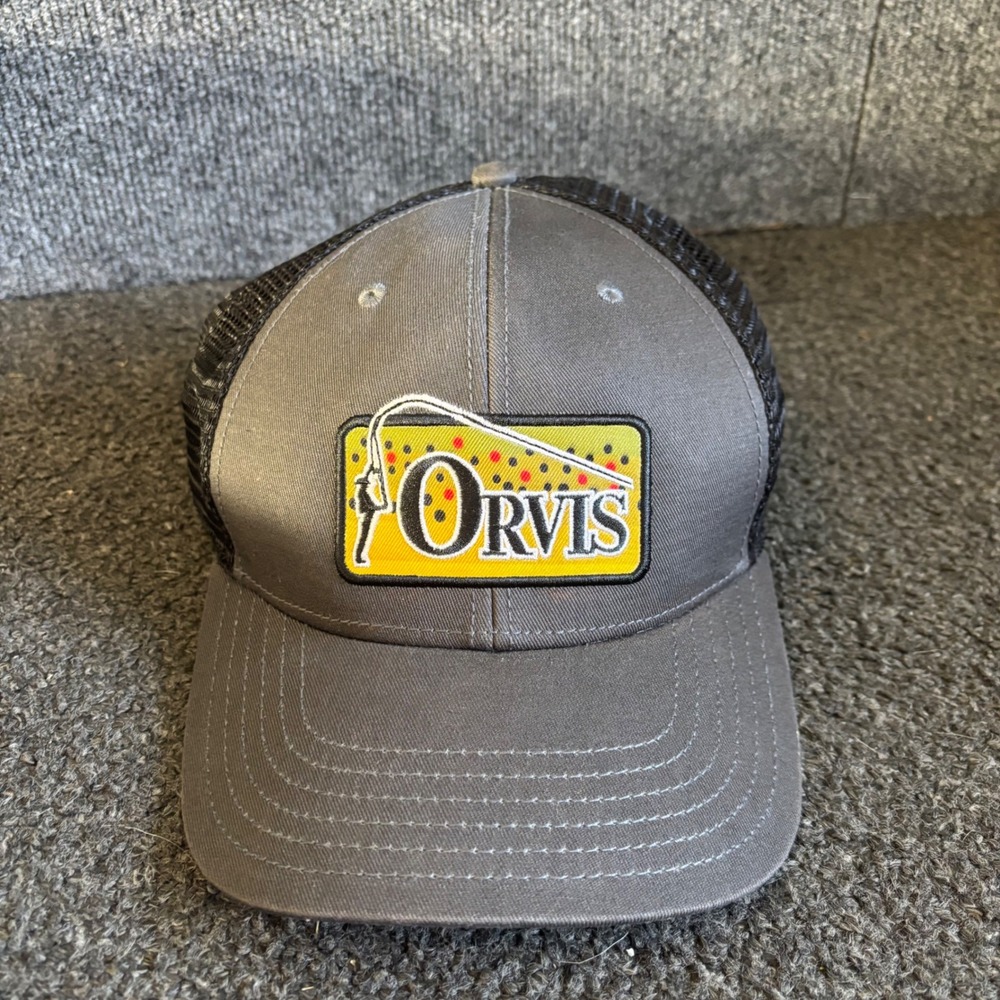 Orvis Fly Fishing Trout Patch Trucker Hat Grey Black Snapback Mesh Cap